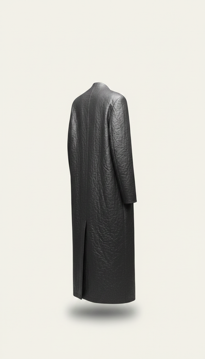 Alternate angle view of Minimalist pewter long overcoat