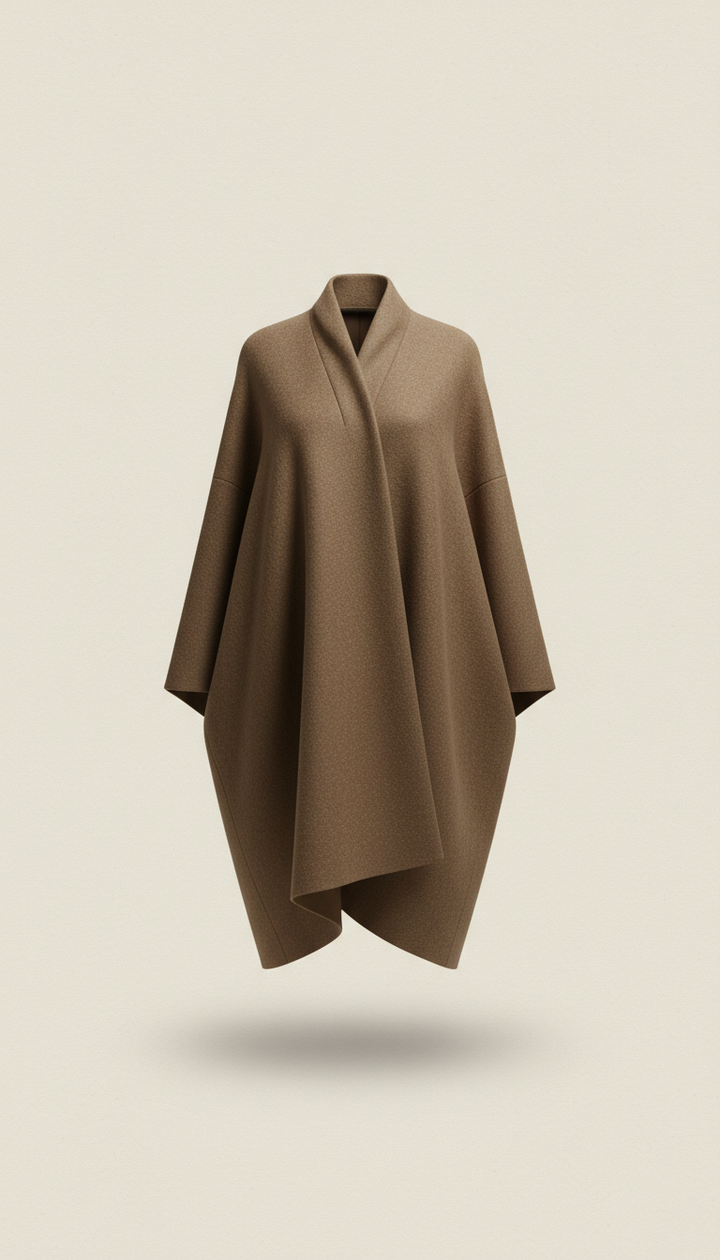 Architectural wool coat in ‘Bronze Stitch’, Default product angle: elevated 3/4 view on tabletop or draped over chair...