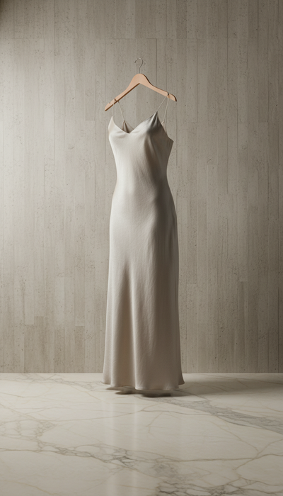 Minimalist pale silk linen slip dress in a new setting