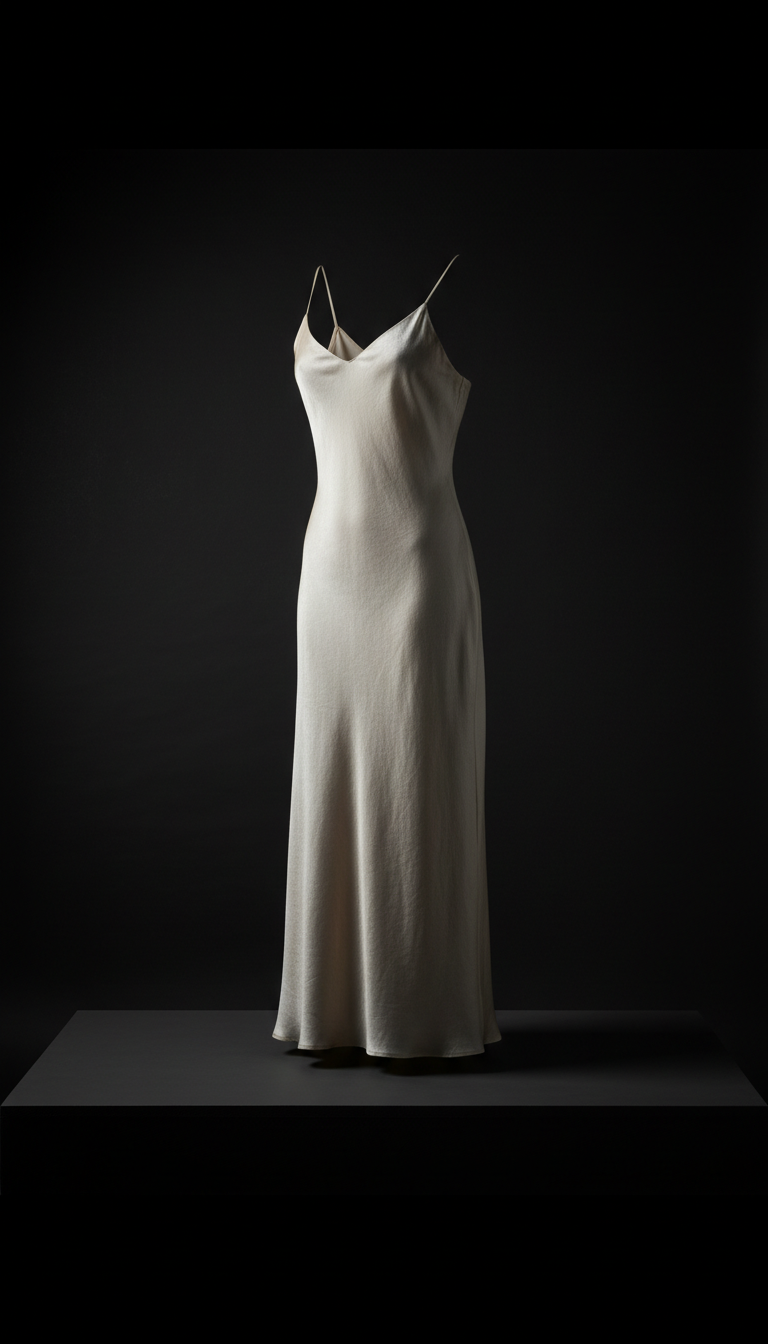 Minimalist silk slip dress in pale linen, Shoot products at a 3/4 angle resembling a portrait: this shows silhouette, cut,...