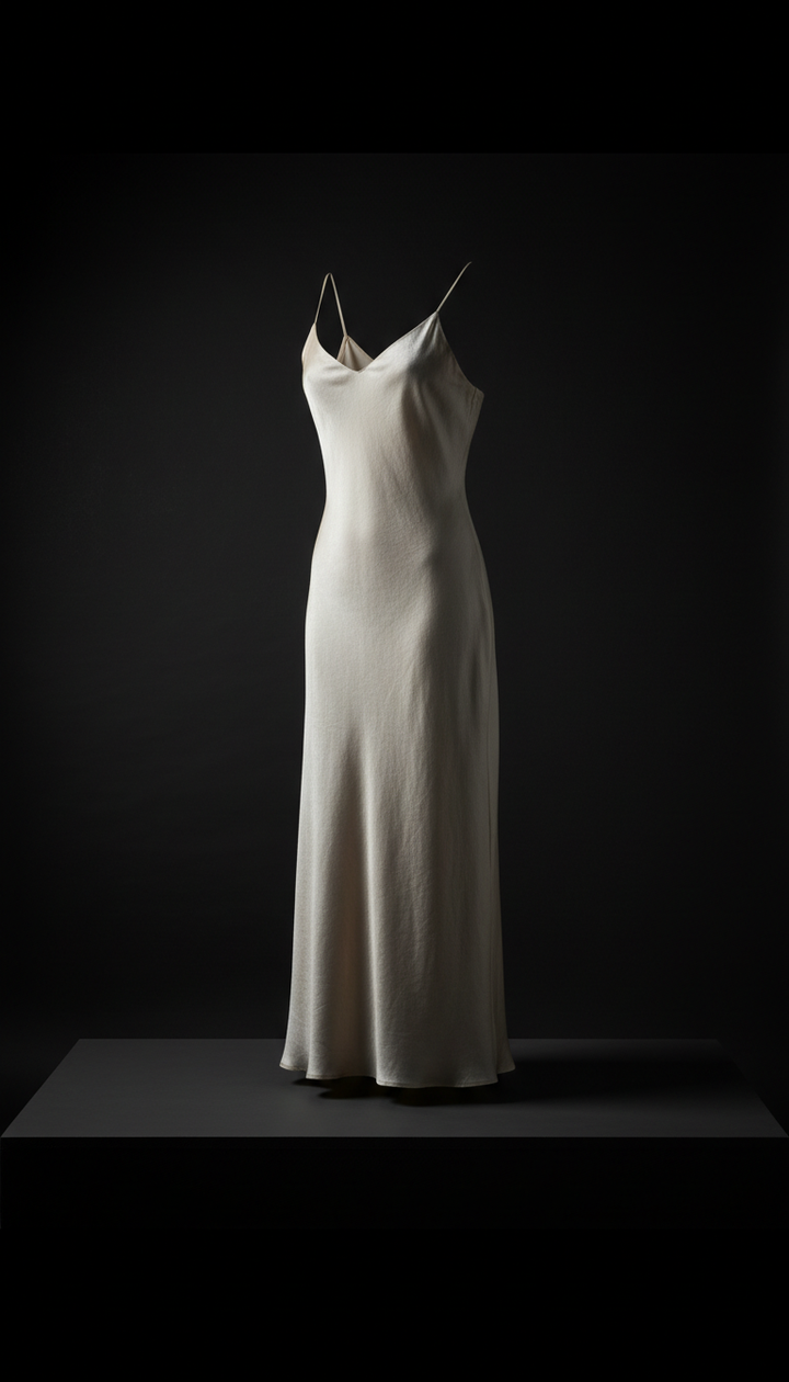 Minimalist silk slip dress in pale linen, Shoot products at a 3/4 angle resembling a portrait: this shows silhouette, cut,...