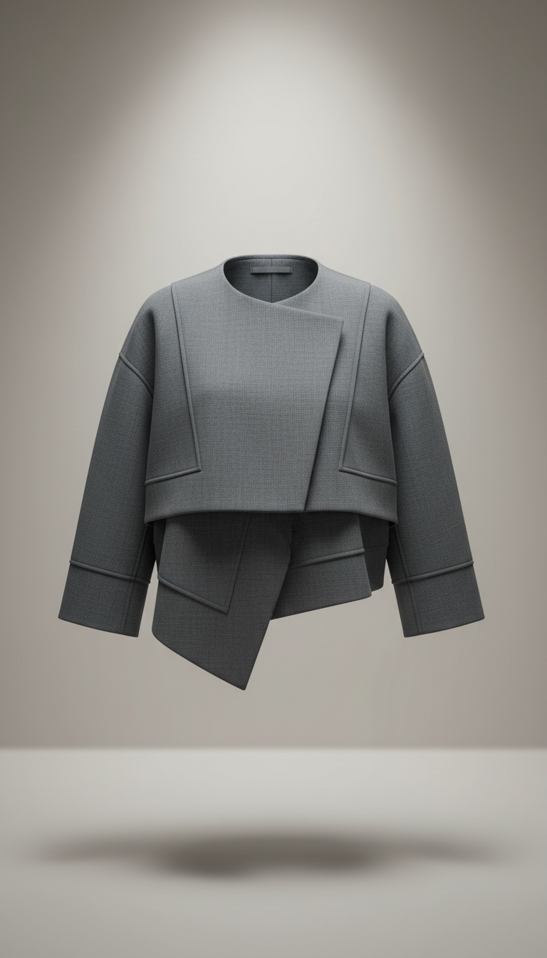 Layered Shadow Slate cropped jacket, Single-garment focus per image; 3/4 angle from waist up at model’s eye level to...