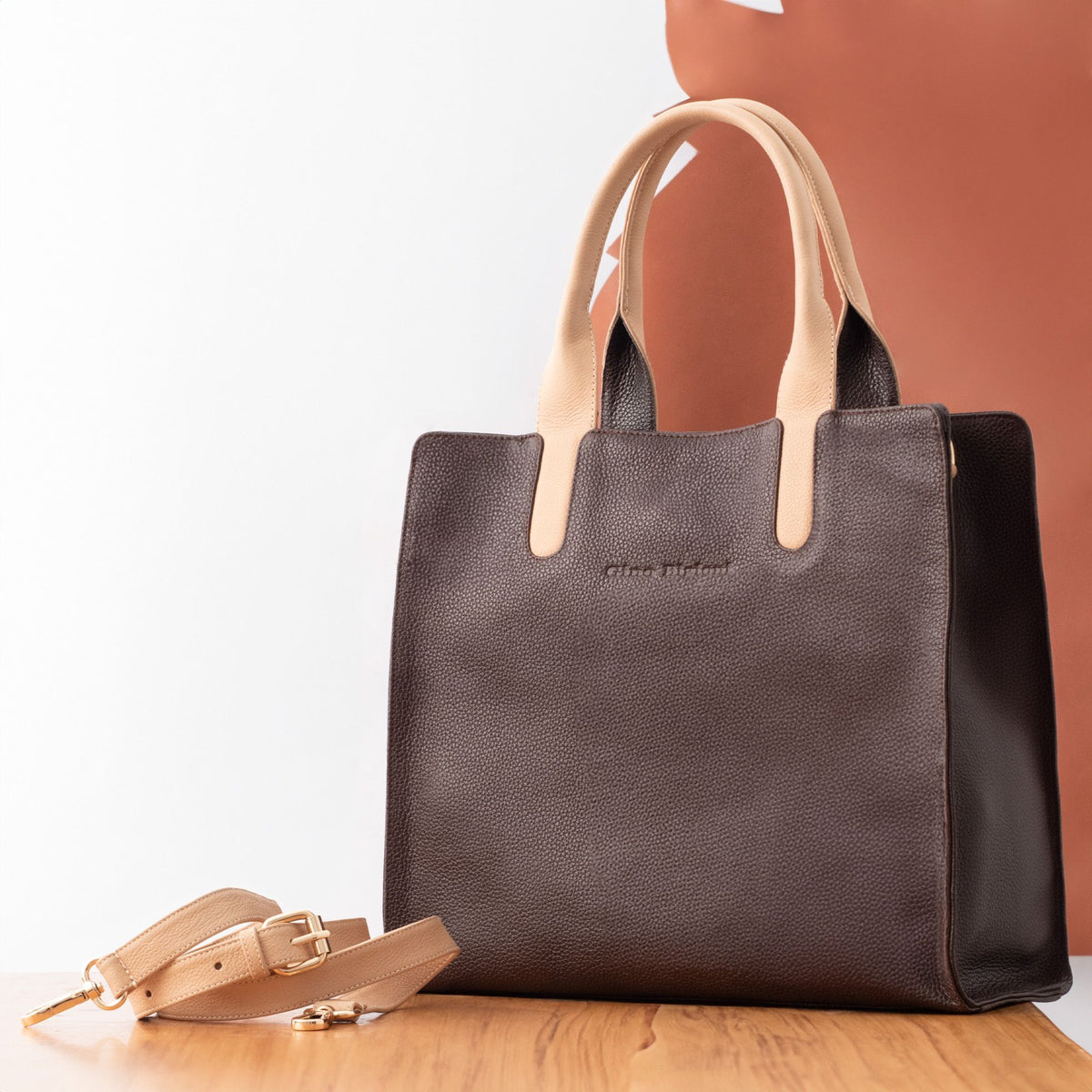 Real photographed brown leather handbag